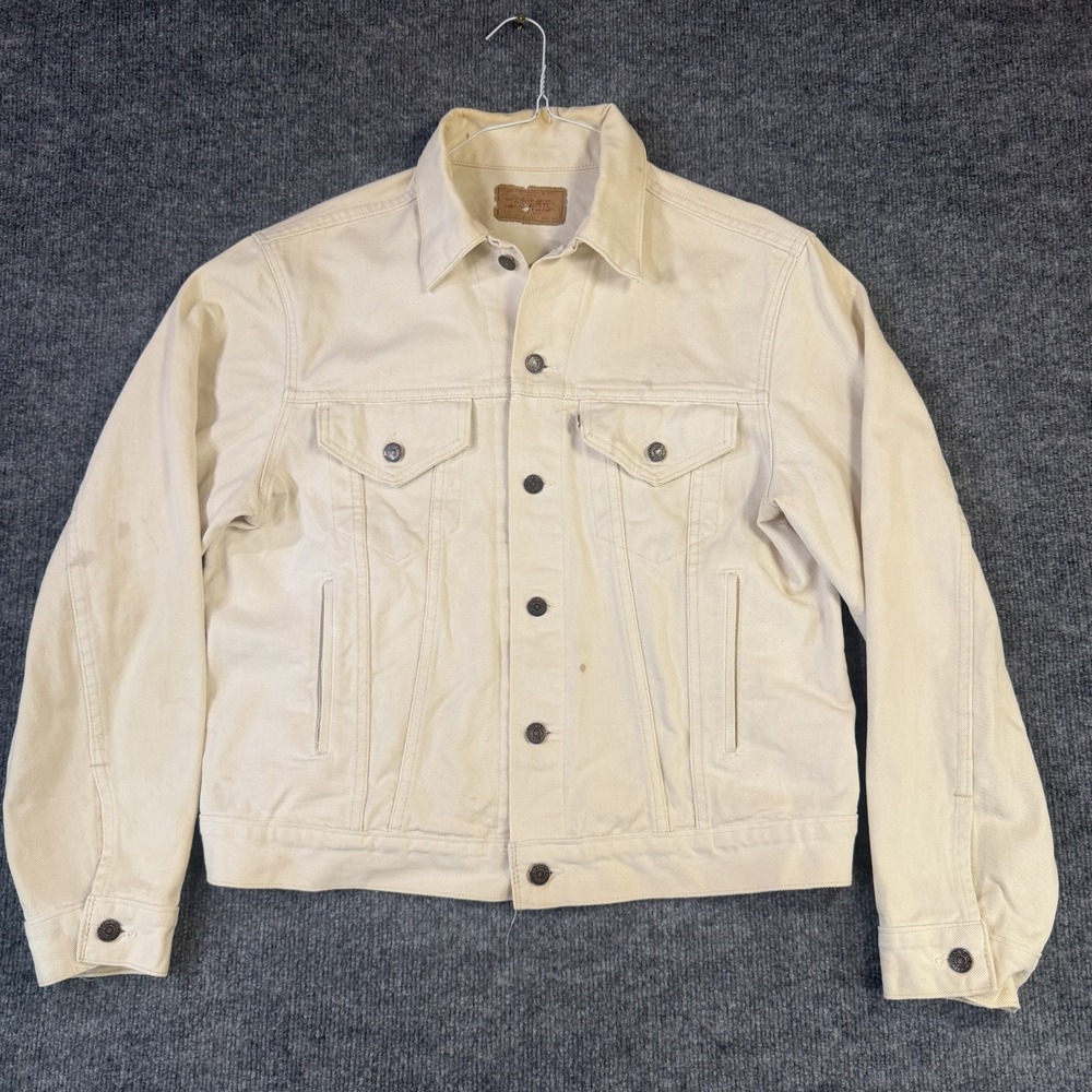 Vintage 80s Levi Strauss Denim Jacket Mens 44 White Cream Trucker Made in USA
